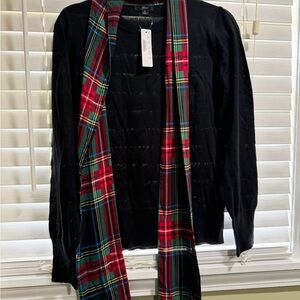 J. Crew Black Cardigan with Tartan Scarf